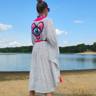 BALI MIDI Asymetryczne kimono plażowe z różowym sercem