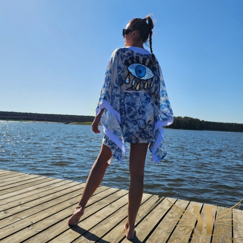 ALANYA MINI Kimono plażowe damskie w niebieskie ornamenty | MatchyMatchy