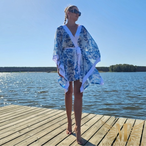ALANYA MINI Kimono plażowe damskie w niebieskie ornamenty | MatchyMatchy