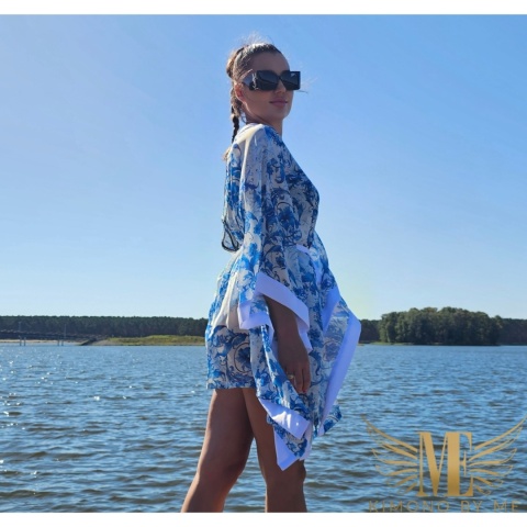 ALANYA MINI Kimono plażowe damskie w niebieskie ornamenty | MatchyMatchy