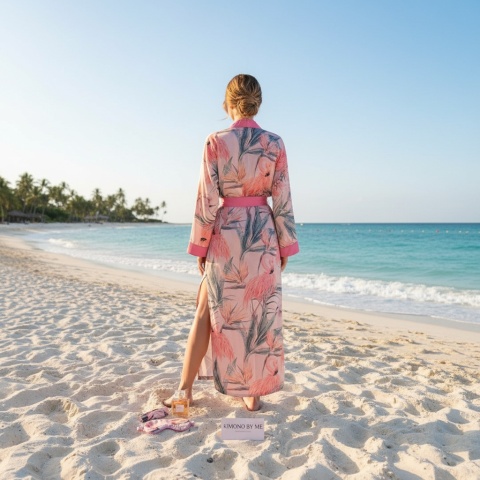 Długie Kimono Plażowe we Flamingi –  Maxi | KIMONO BY ME