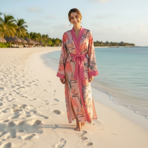 Długie Kimono Plażowe we Flamingi  KIMONO BY ME