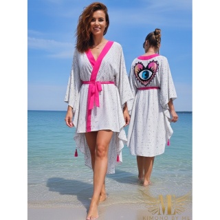 BALI MIDI Asymetryczne kimono plażowe z różowym sercem