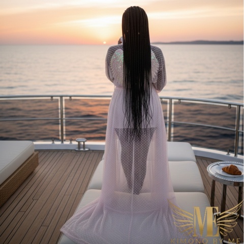 CAPRI MAXI Długi szlafroczek plażowy z różowymi skrzydłami