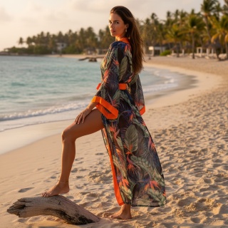 COSTA RICA ORANGE MAXI – Długie kimono plażowe | Wzór Rajski Ptak | KIMONO BY ME