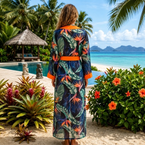 Długie kimono plażowe damskie z motywem rajskich ptaków. Zwiewna tkanina, pomarańczowe , One Size XS-XL. KIMONO BY ME