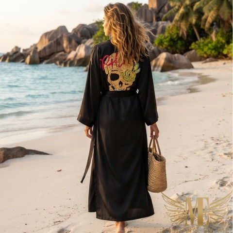 CRYSTAL MAXI Czarne długie kimono plażowe ze złotą czachą | KIMONO BY ME