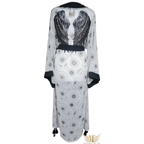 SAINT-TROPEZ - Klasyczne długie kimono z czarnymi skrzydłami , wzór geometryczny