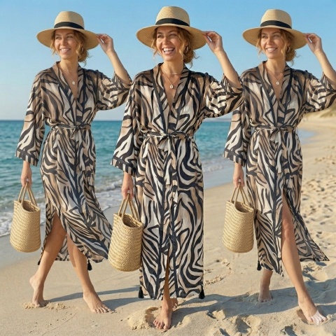 SAVANNA CHIC MAXI Klasyczne długie kimono ze skrzydłami, czekoladowa zebra