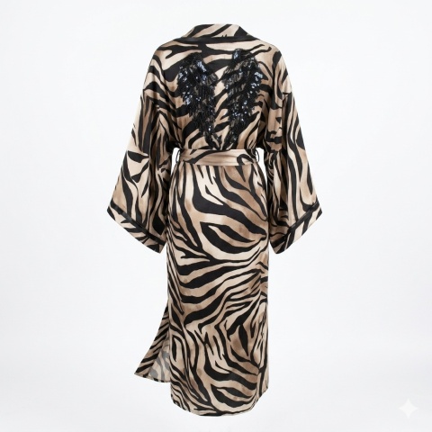 SAVANNA CHIC MAXI Klasyczne długie kimono ze skrzydłami, czekoladowa zebra