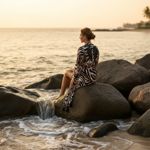 Długie kimono plażowe SAVANNA CHIC MAXI we wzorze czekoladowej zebry – wiskoza, wiązanie w talii,