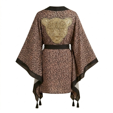 TANZANIA MINI – Kimono Plażowe w Panterke ze Złotą Głową Kota | KIMONO BY