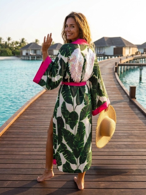 VALLARTA MAXI - Klasyczne długie kimono w liście bananowca
